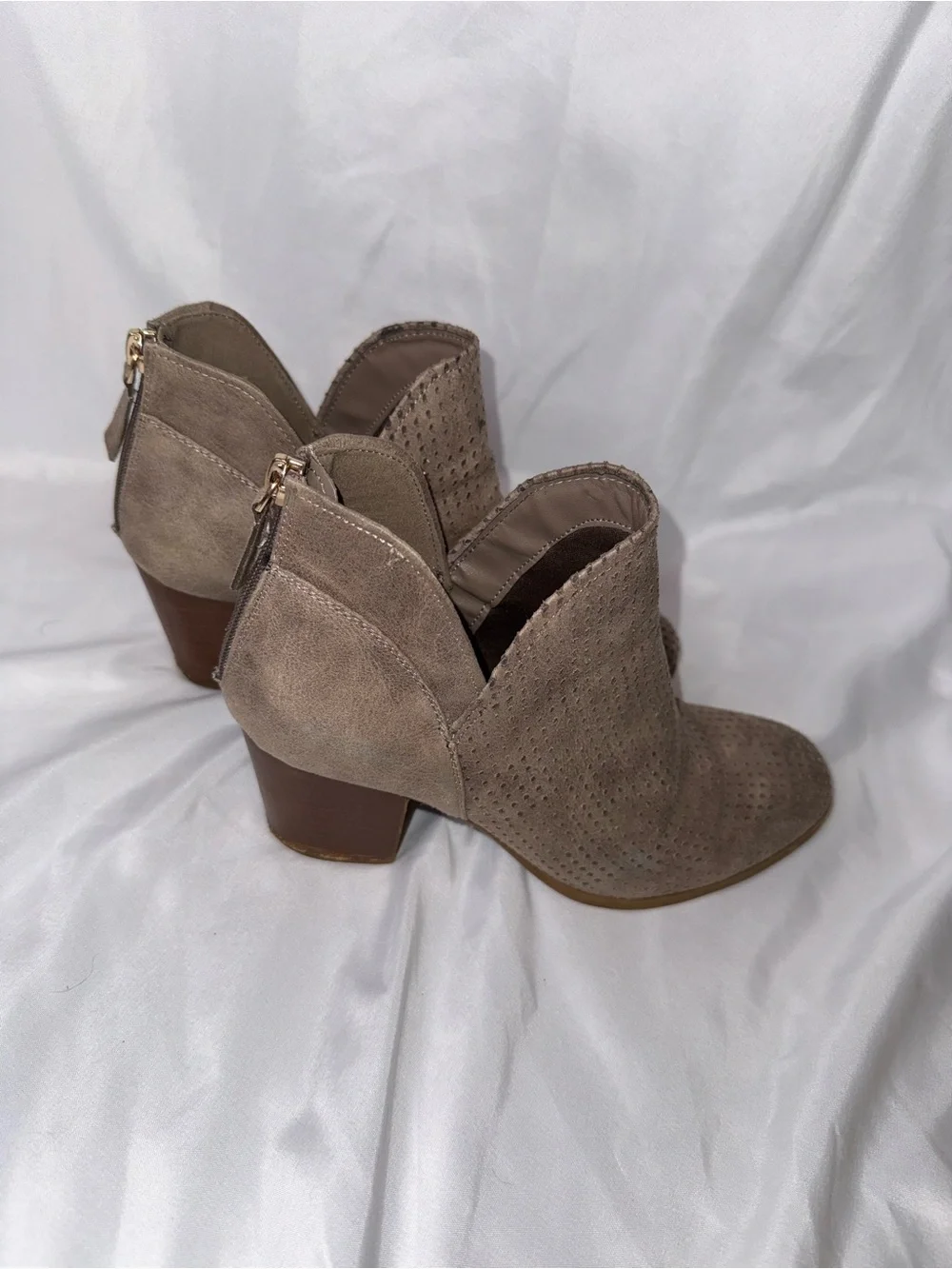Fergalicious Taupe Perforated Suede Ankle Booties